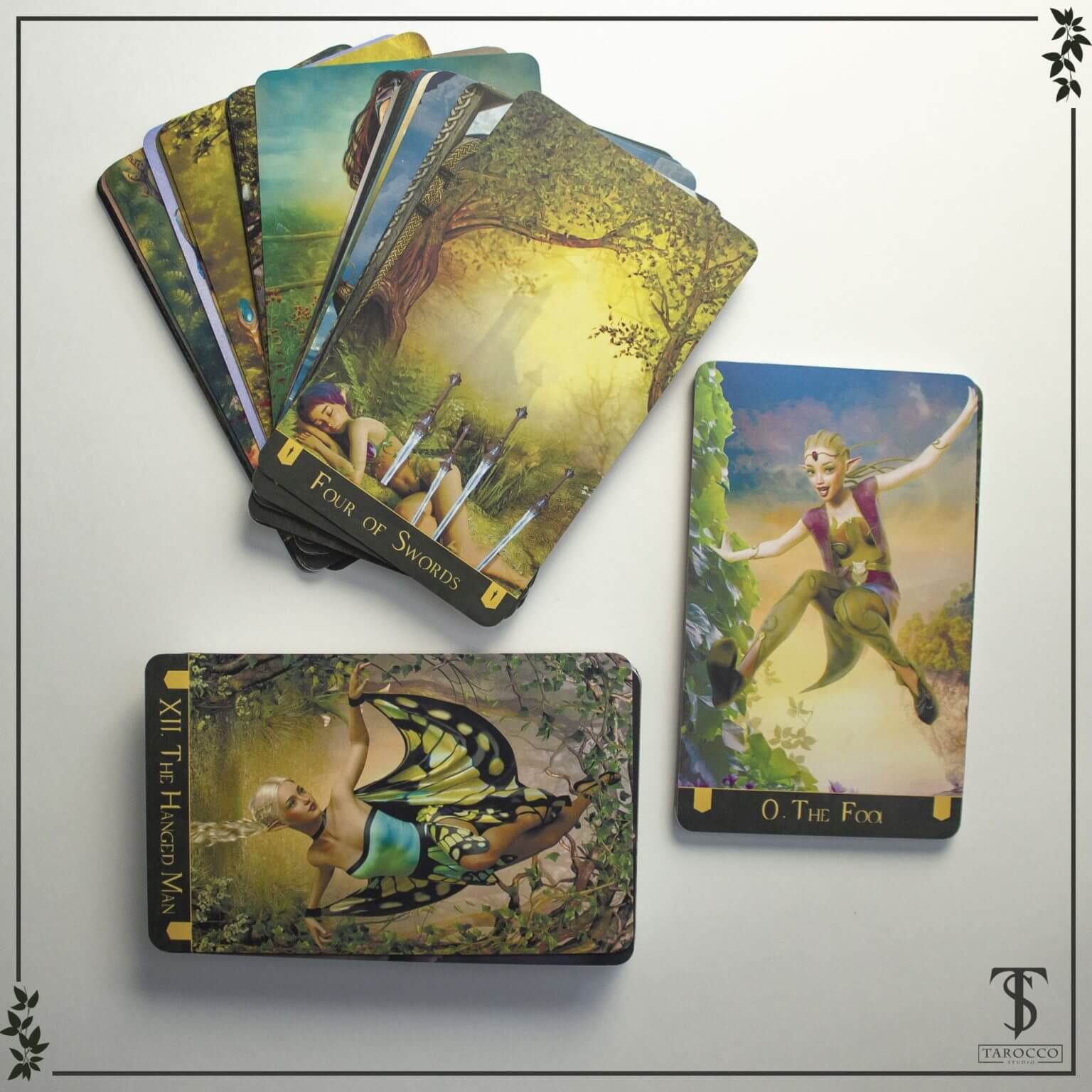 A tarot card showing a mystical forest scene with glowing mushrooms and ancient trees, representing the hidden magic and wisdom of the natural world.